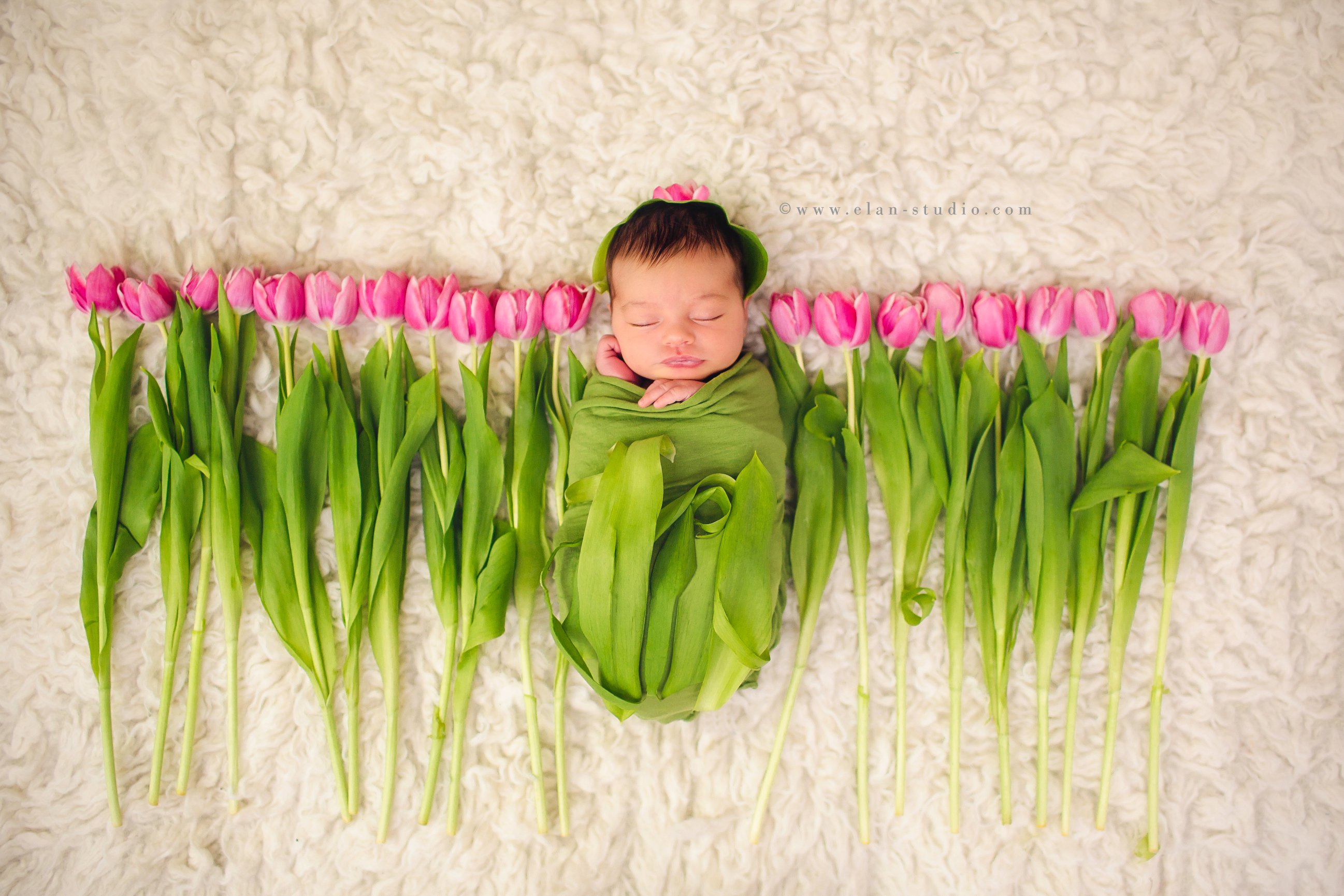 newborn in green wrap with fresh tulips on fur rug