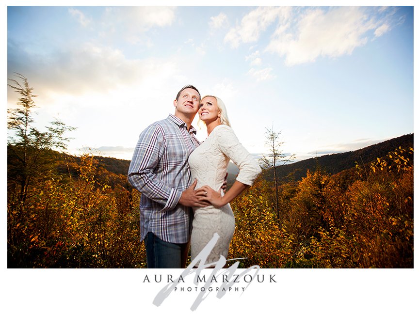 Pisgah National Forest engagement with stunning yellow and orange fall leaf background. © Aura Marzouk Photography, Greensboro Wedding Photographer