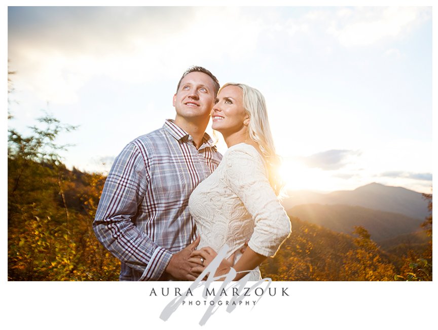 Pisgah National Forest engagement with stunning yellow and orange fall leaf background. © Aura Marzouk Photography, Greensboro Wedding Photographer