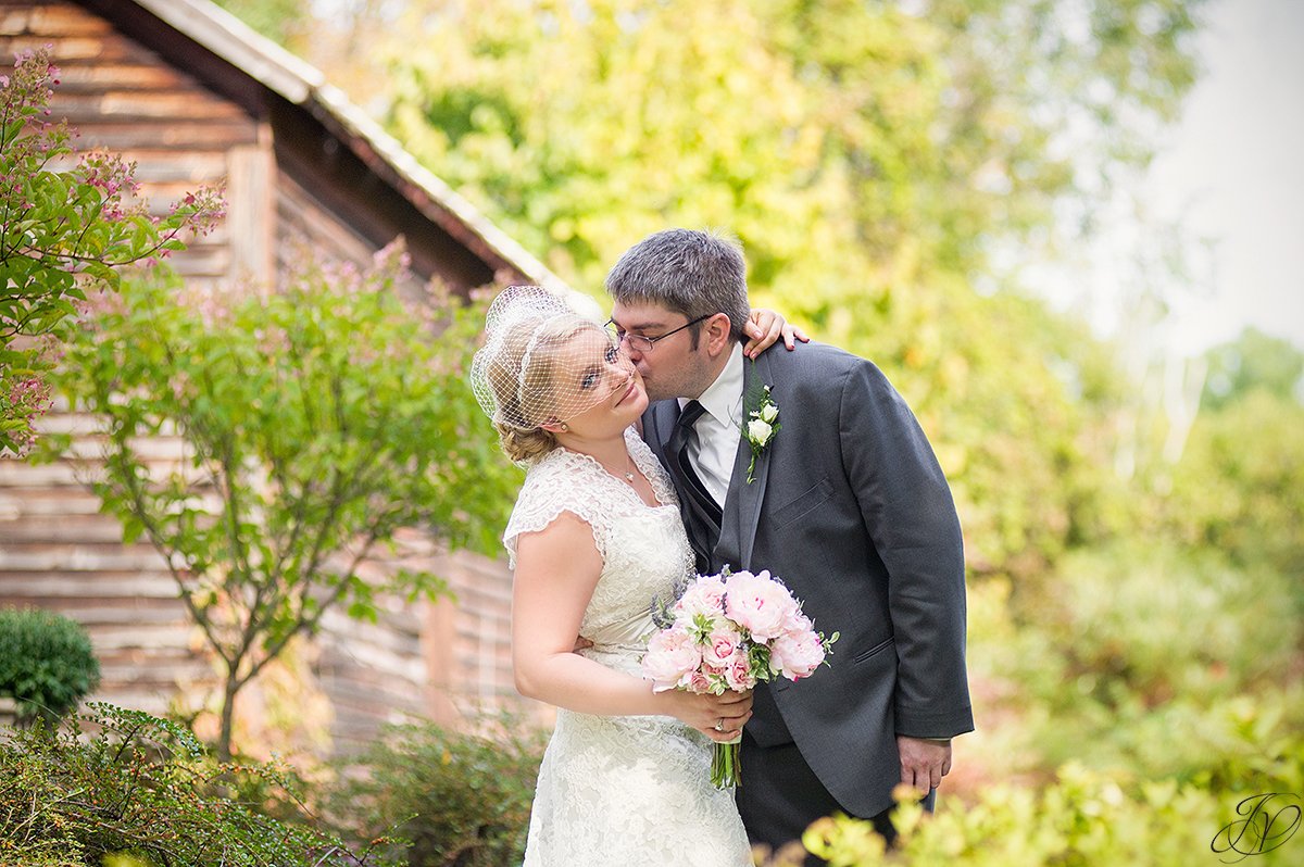 vintage photo of bride and groom with barns