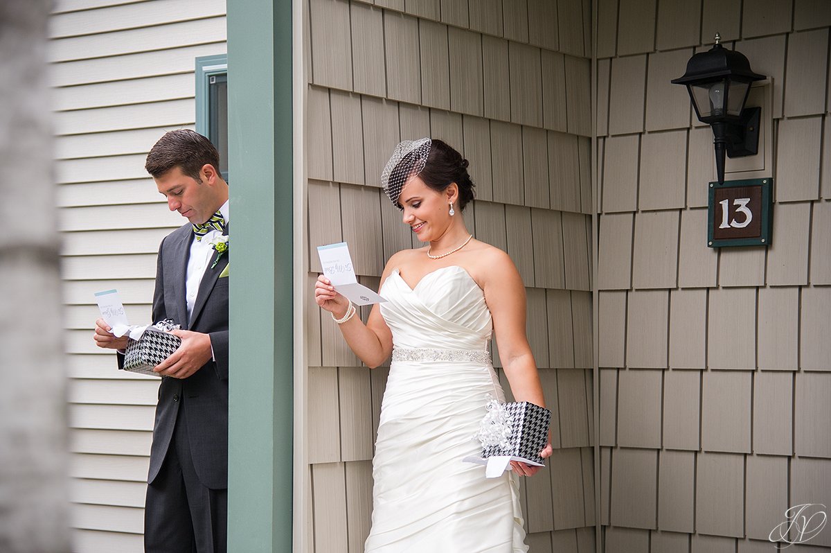 bride and groom exchanging gifts