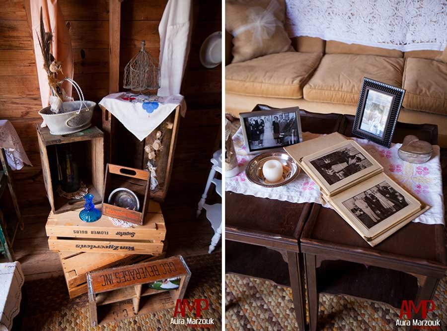 Antique wedding albums and storage crates provide a rustic look to this DIY barn wedding in Seagrove, NC.