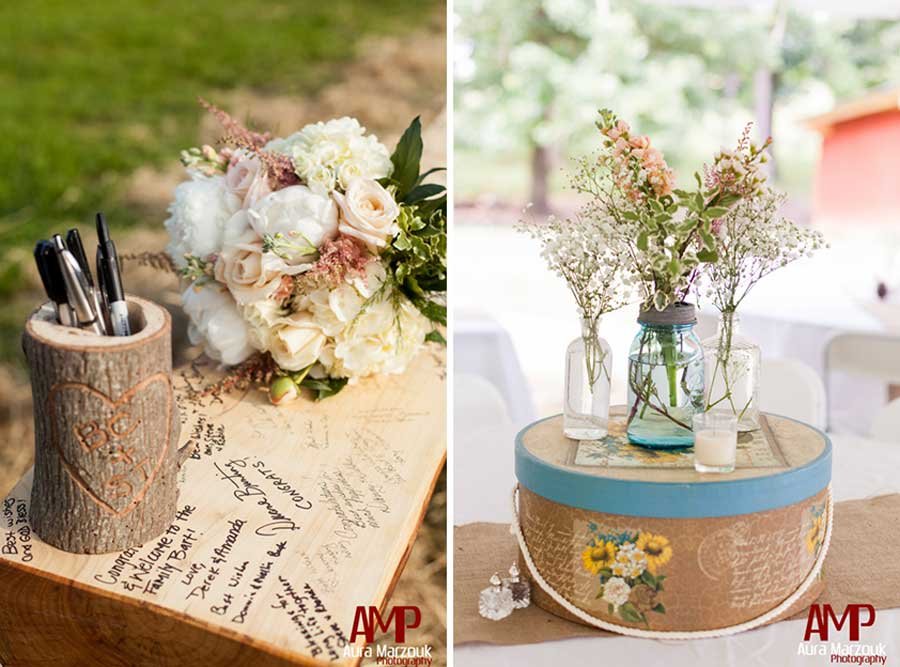 Guests sign a tree stump with Sharpies as the guest book. Seagrove wedding photography. © Aura Marzouk Photography