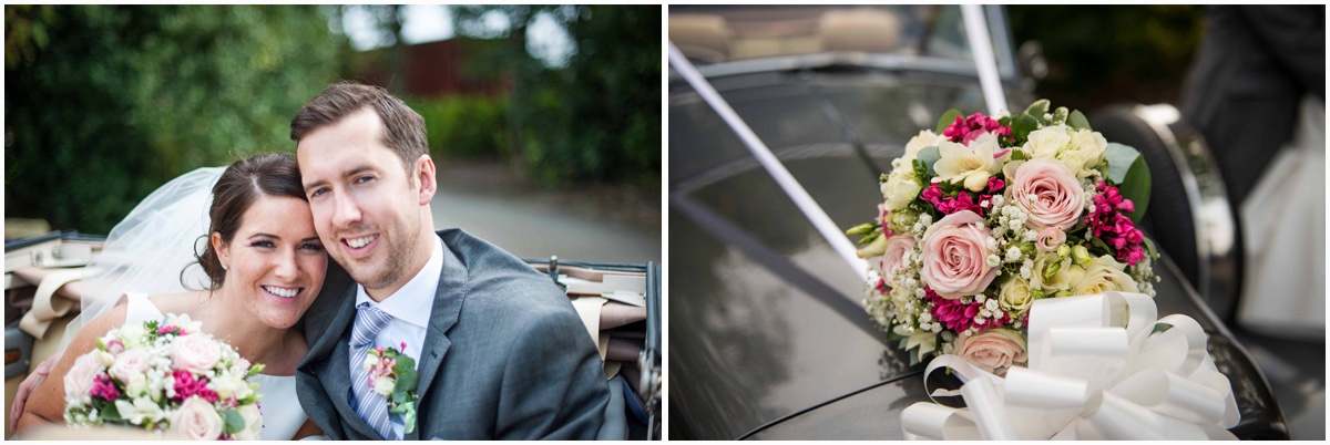 Lancashire manor wedding couple in car