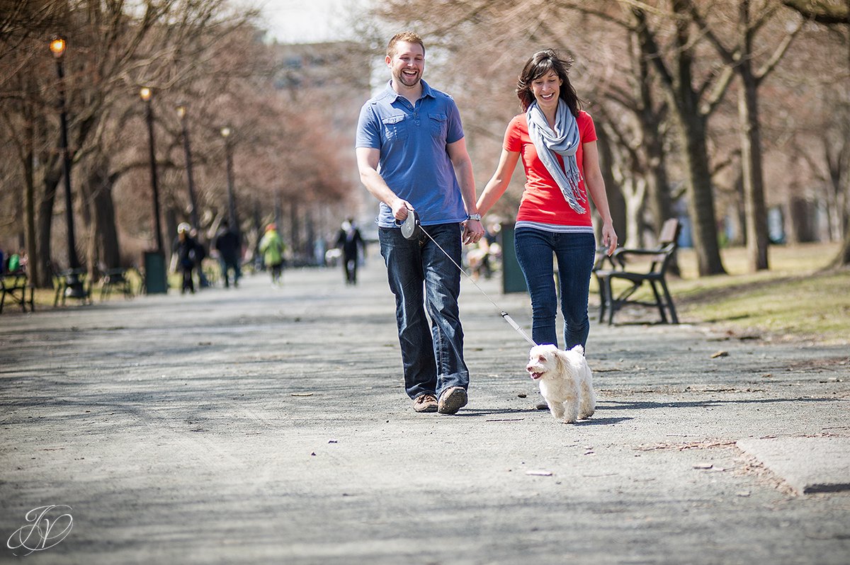 young couple walking dog in park, engagement photos at washington park albany, albany engagement photography, downtown engagement session, albany portrait photography, engagement session in washington park
