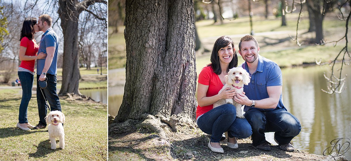 couple with pet in park, engagement shoot with dog, albany engagement photographers, engagement session in washington park