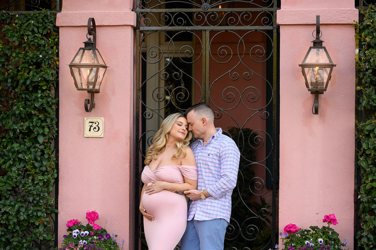 Maternity Session at Golden Hour on Charleston's Rainbow Row
