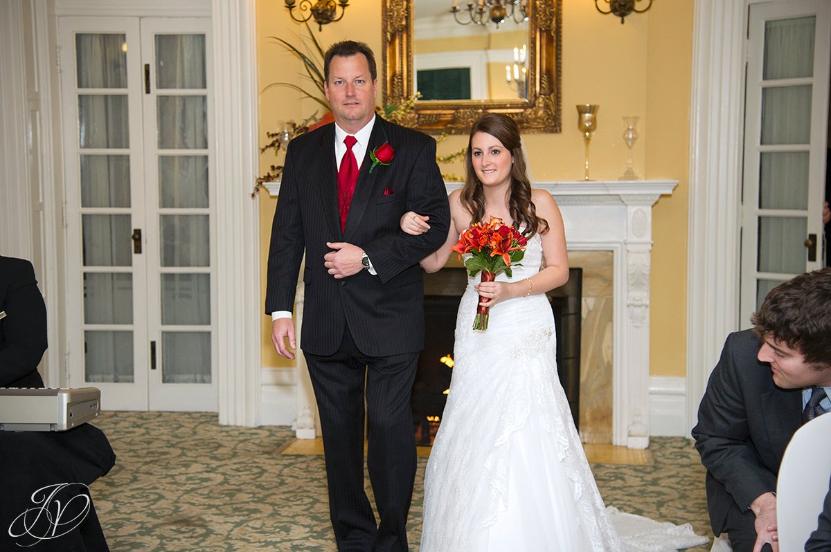 bride and father walking down isle, The Stockade Inn, Ceremony detail photo,  Schenectady Wedding Photographer, wedding details