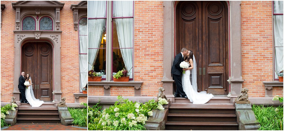 bride and groom portrait exterior brick building canfield casino