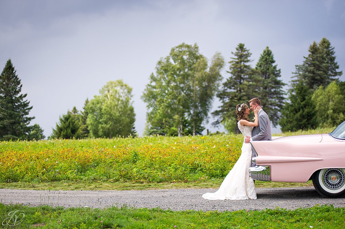 bride and groom portrait vintage car thunderstorm