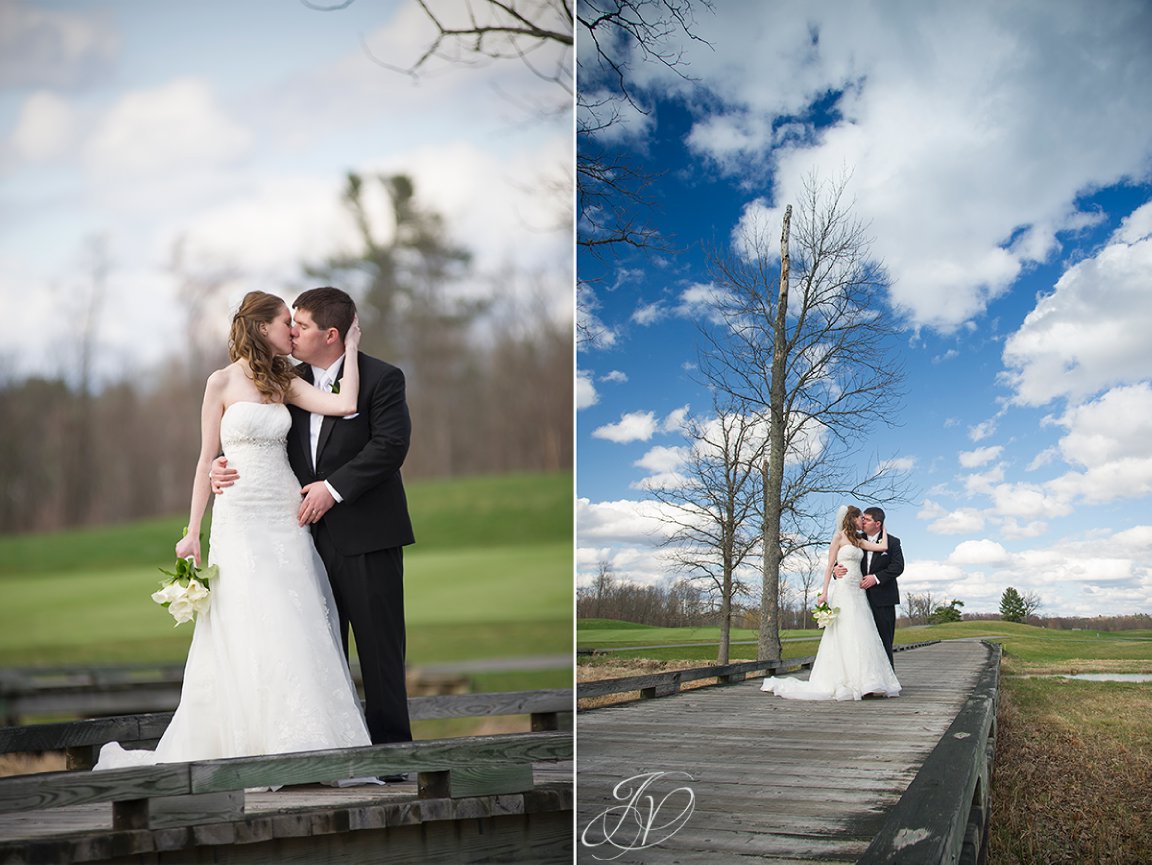 blue skies wedding, bride and groom candid, bride and groom on bridge photo, Saratoga National Golf Club wedding, Saratoga Wedding Photographer, wedding photographer saratoga ny