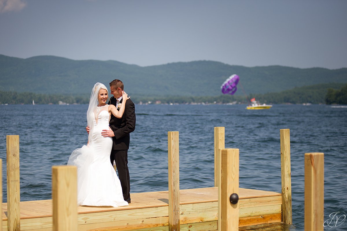 flowing veil bride and groom lakefront lake george