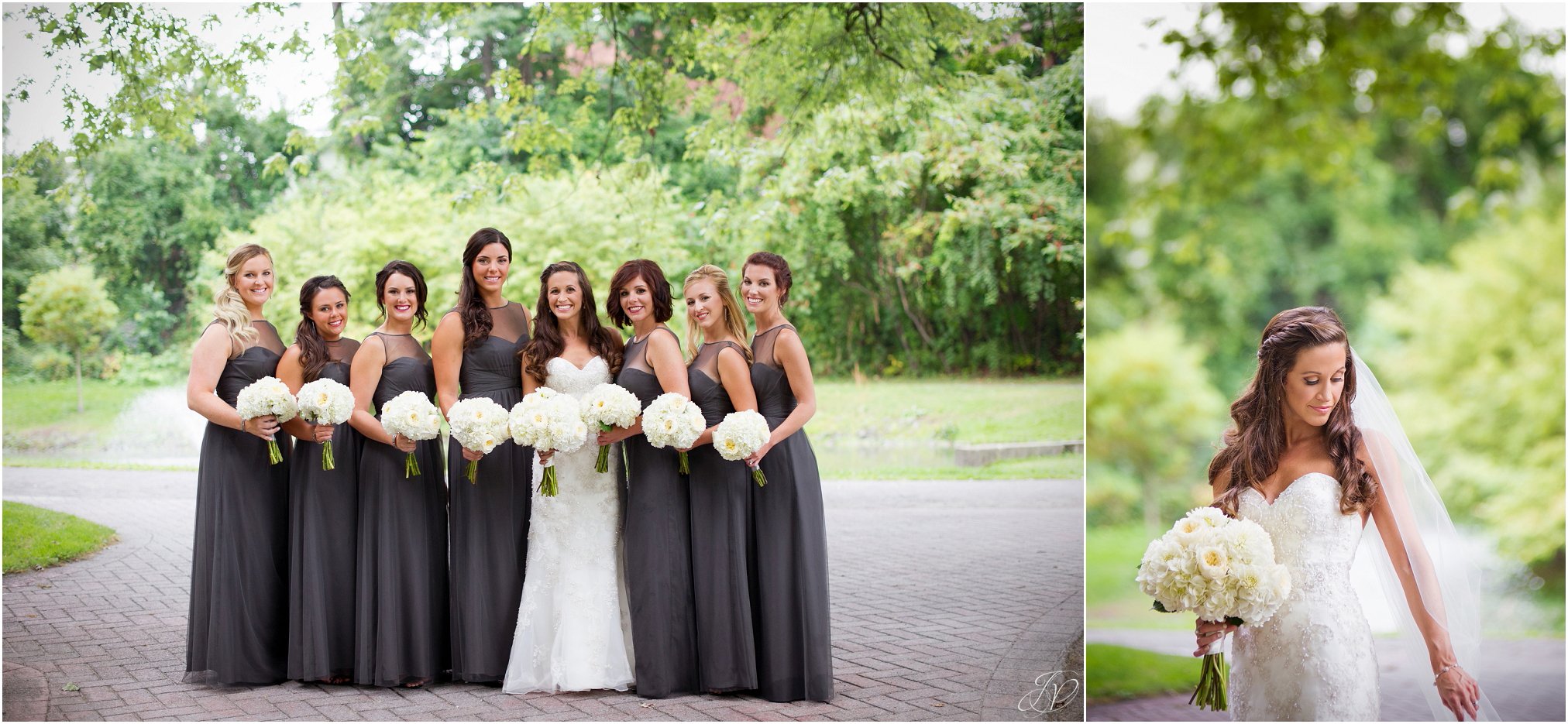 bride and bridesmaids in grey dresses