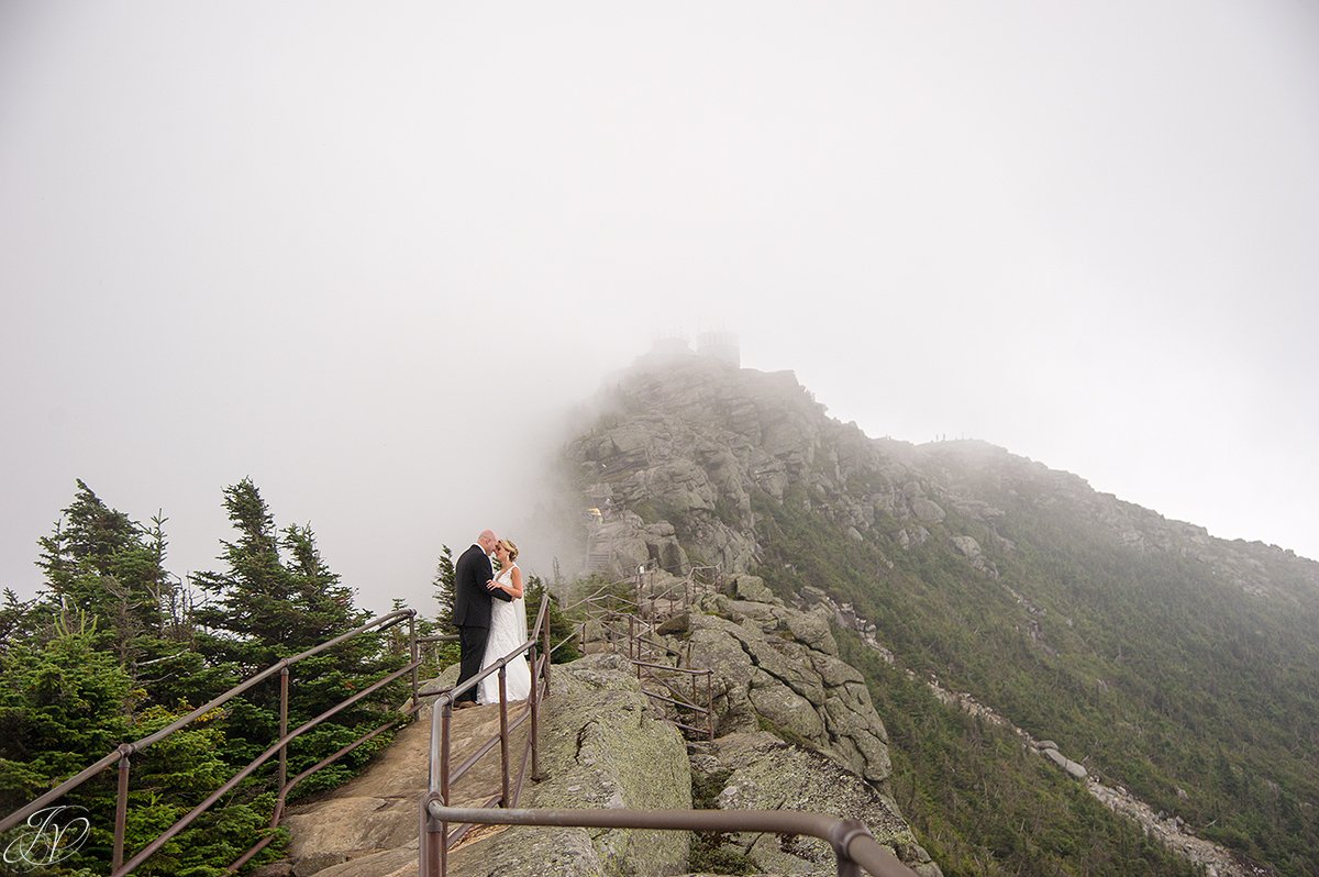 bride and groom whiteface mountain fog bridal portrait