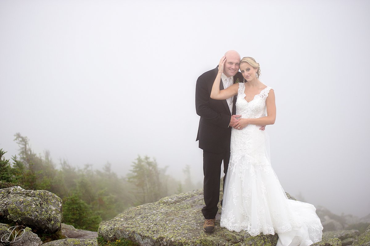 bride and groom whiteface mountain fog bridal portrait