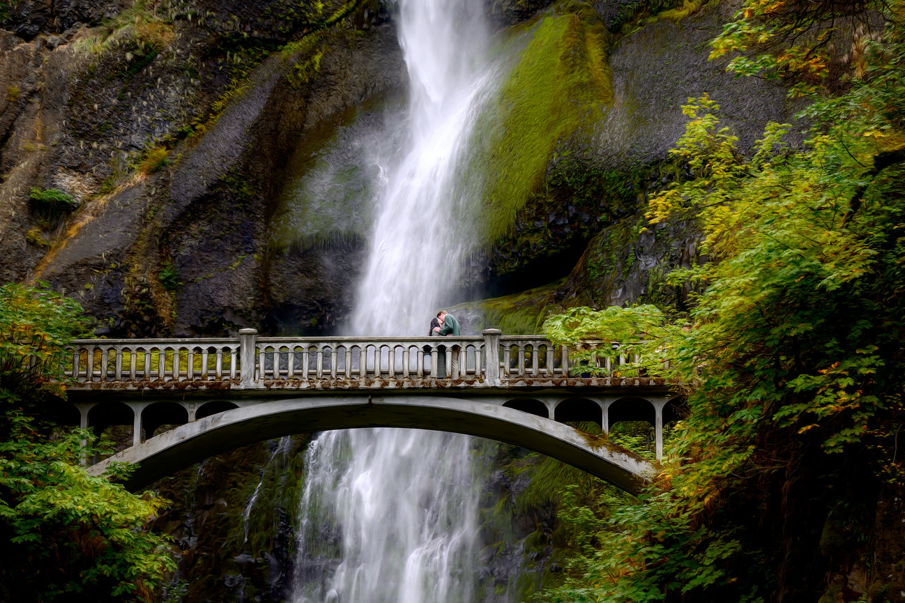 Bridge over a waterfall amidst lush greenery.