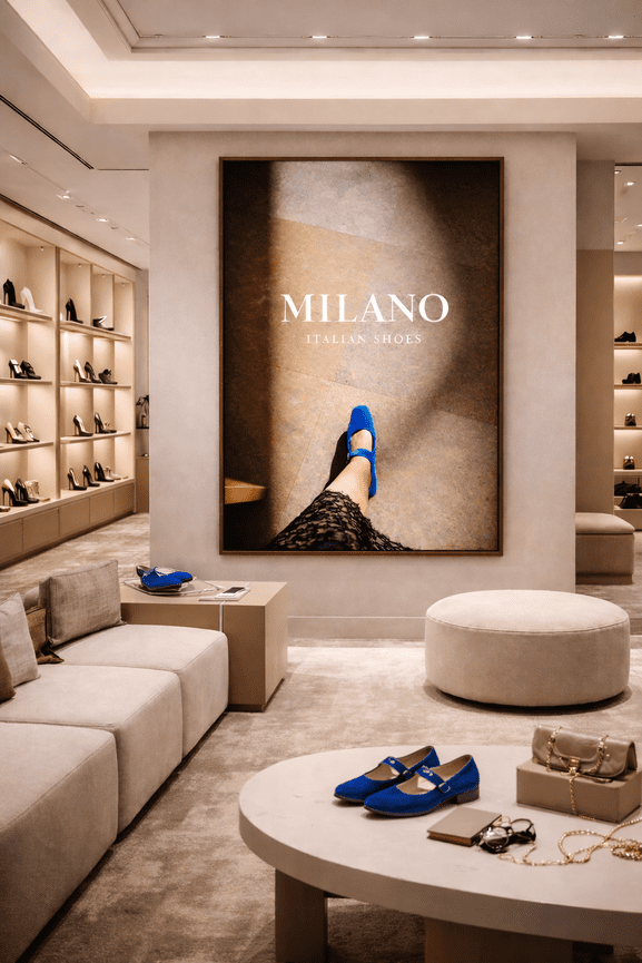 Luxury shoe store interior with elegant displays and a large advertisement featuring blue shoes.