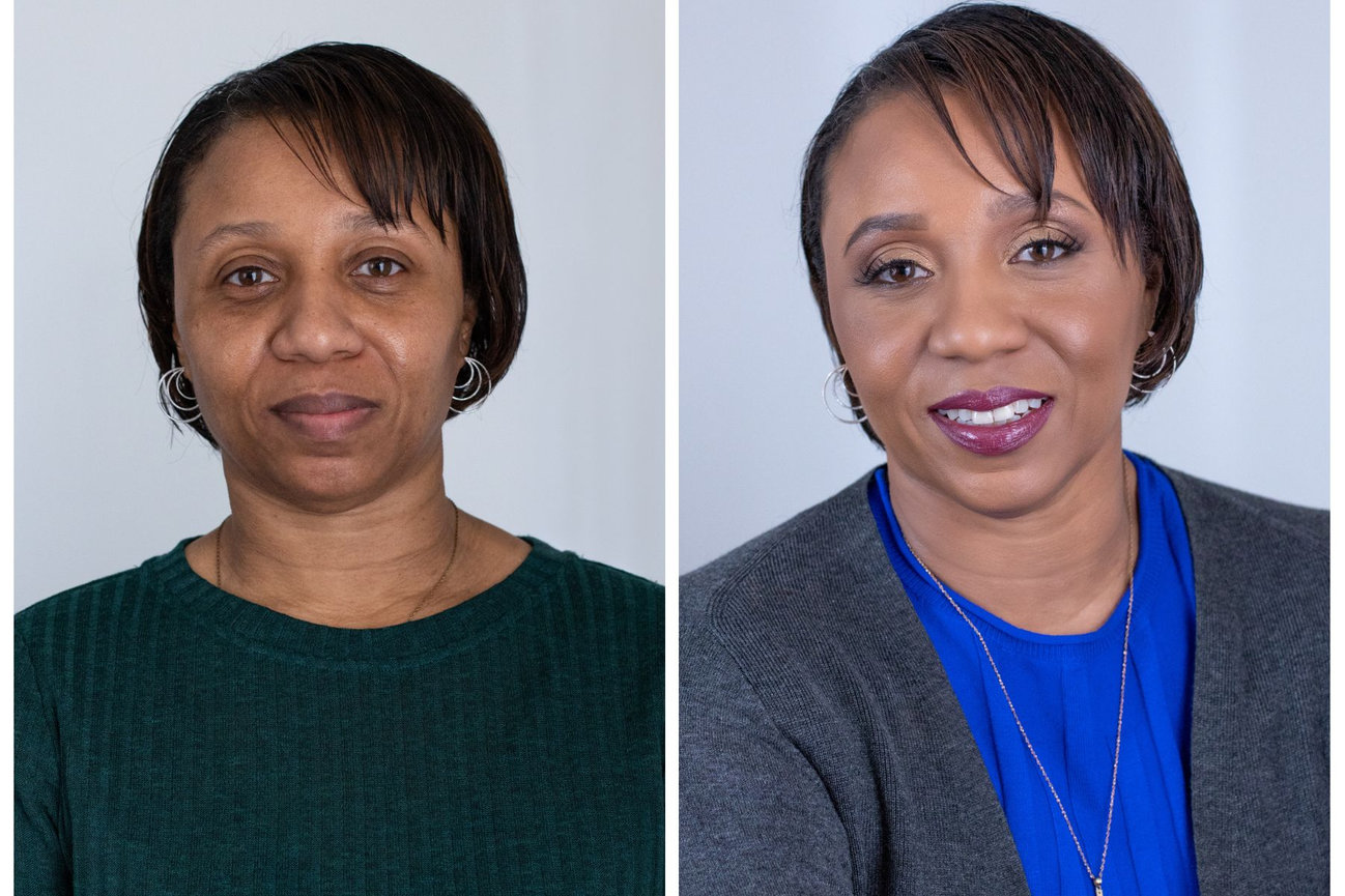before and after headshot showing hair and makeup on black business woman