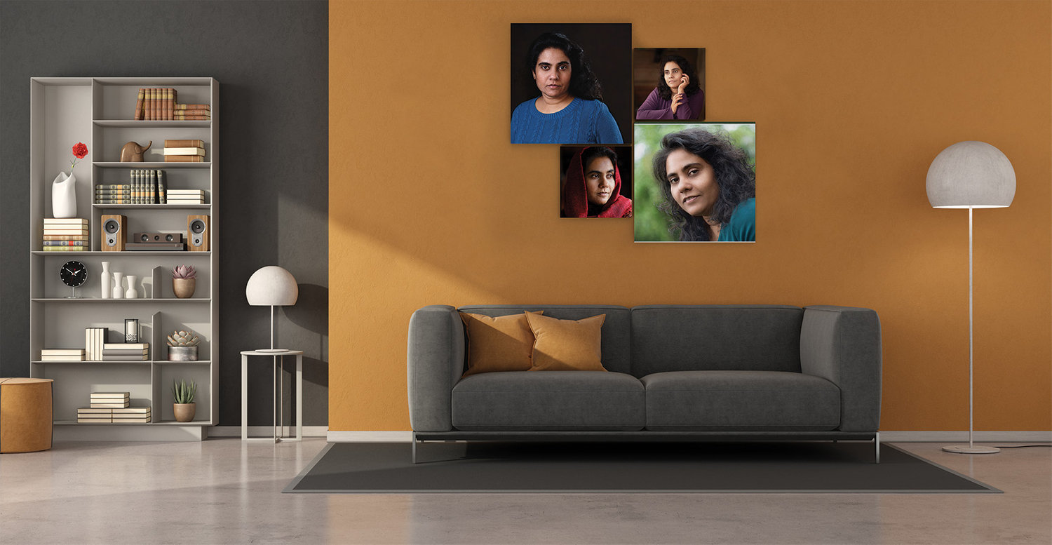 Personal portrait wall art collection displayed as a curated and refined arrangement for the home
