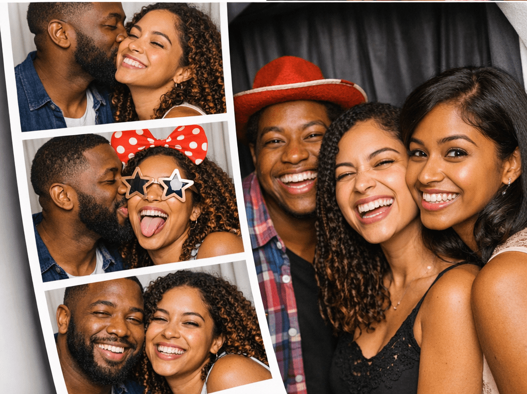 Collage of couples posing in a photo booth with playful expressions