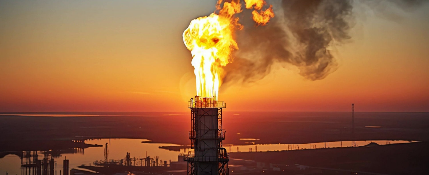 A gas plant is at sunset is used behind testimonial text for Russ Bell and his expertise.