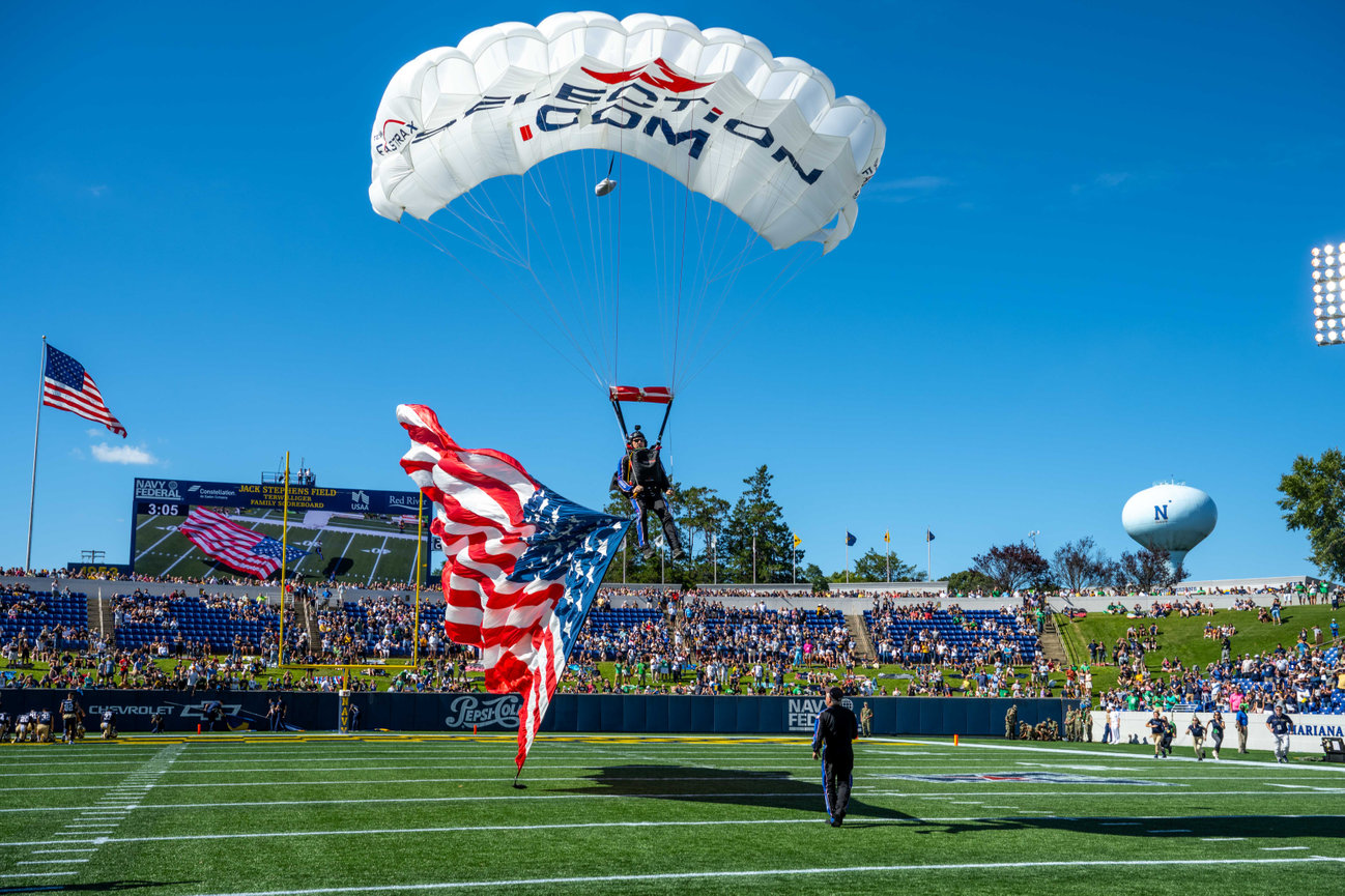 Paratrooper performing at a Navy vs Marshall Football Game in 2021
