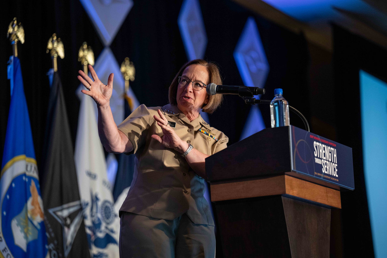 The Chief of Naval Operations Admiral Franchetti speaking at the 2024 Joint Women's Leadership Symposium