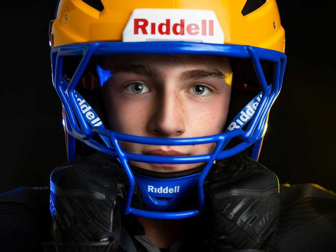 senior football player close up during senior portraits
