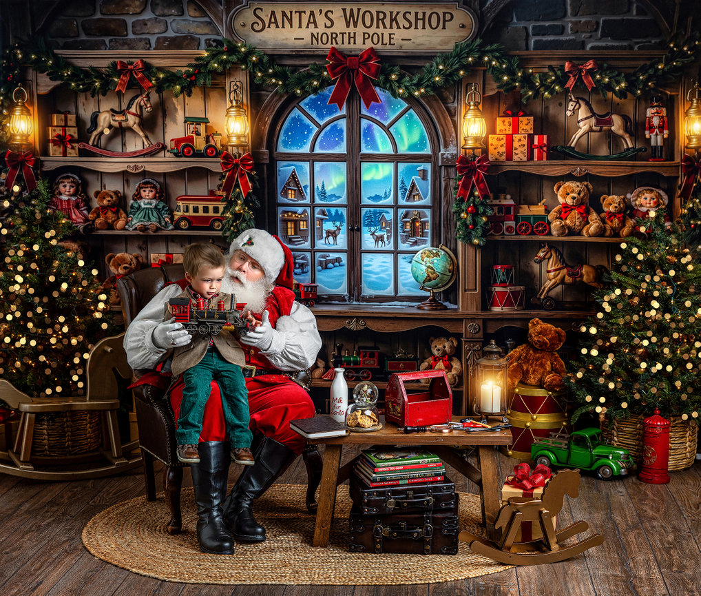 Santa Claus sharing a special Christmas moment with a child and toy train in Santa’s Workshop for Canton area families