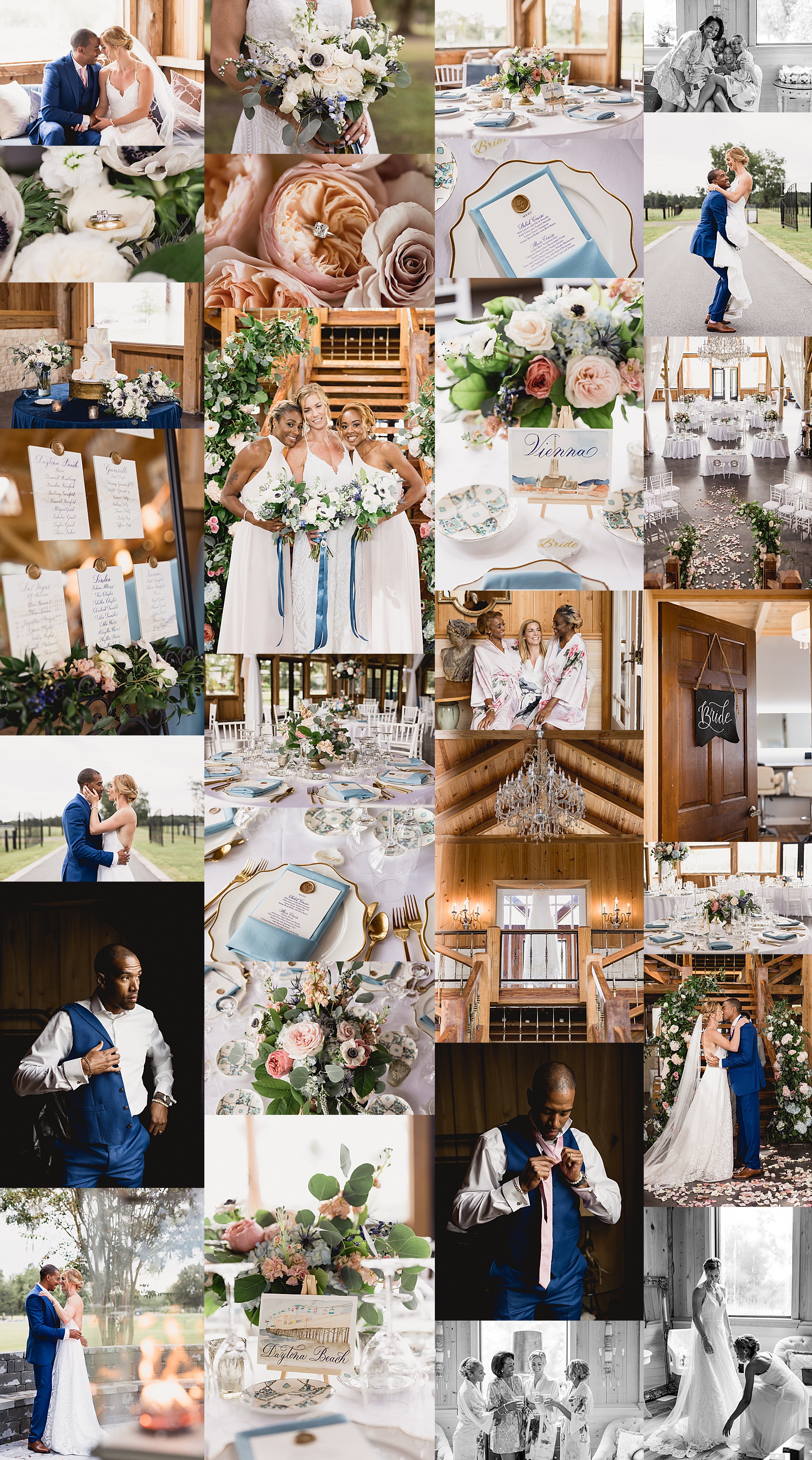 collage of a parisian wedding in callahan florida at the barn at little river