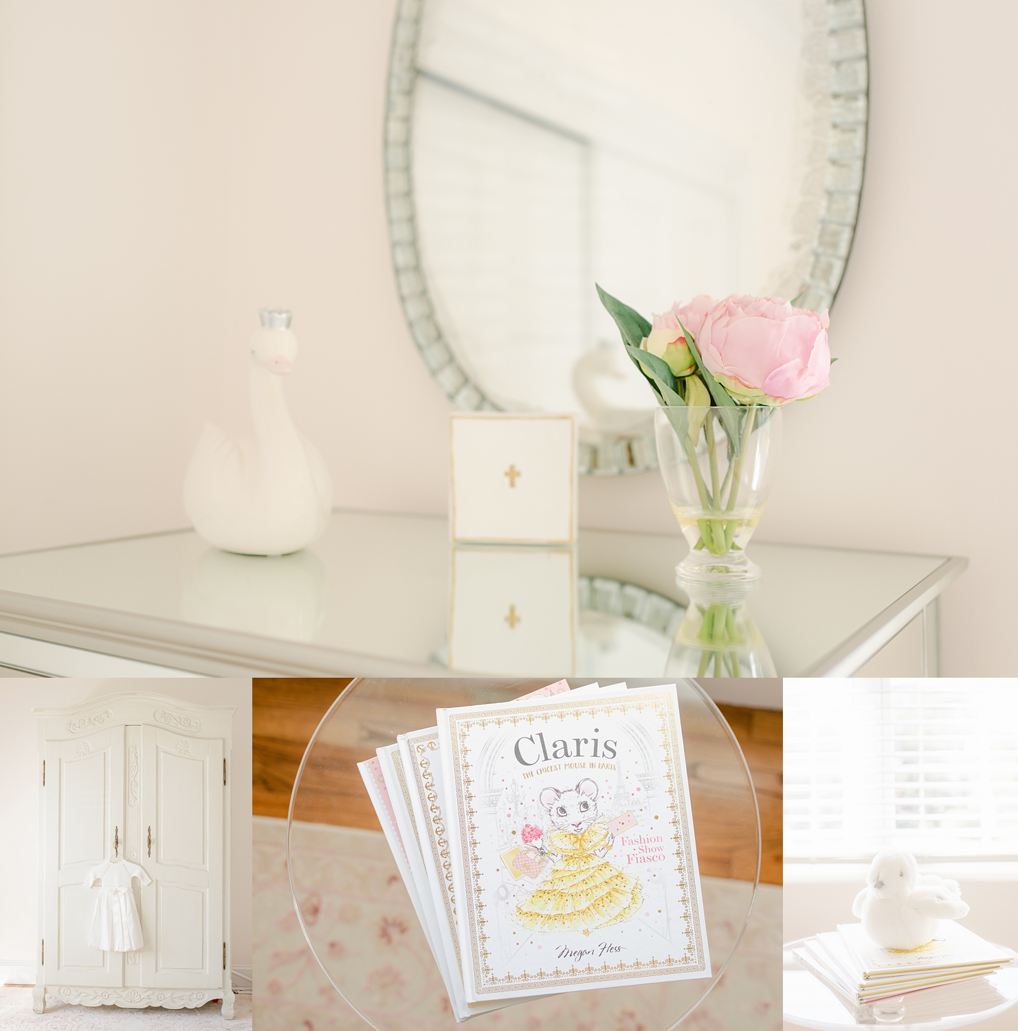 neutral baby girl newborn nursery with pink flowers and Parisian flair