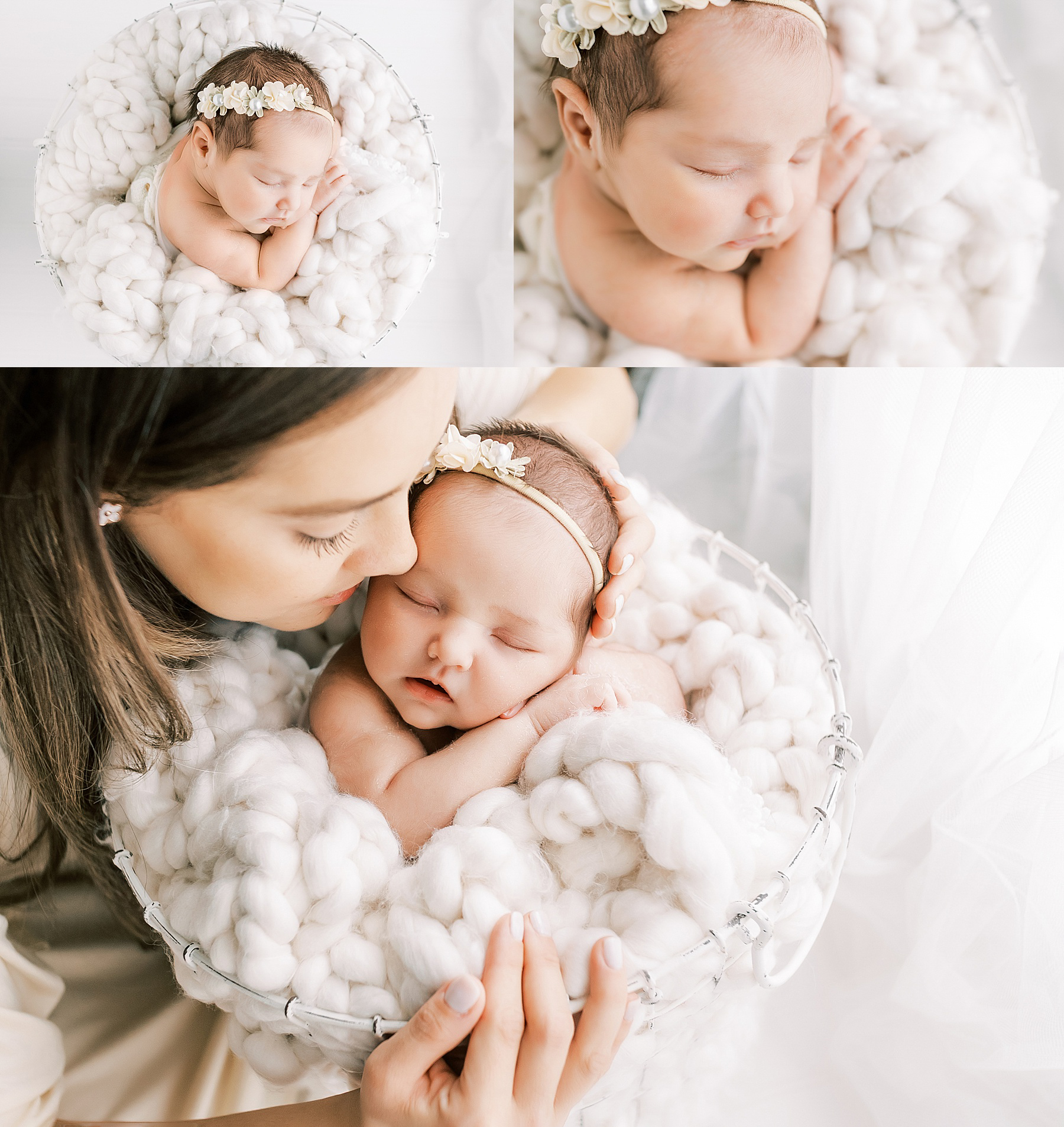collage of posed newborn portrait session images all white with newborn baby girl in wire basket with white chunky knit blanket
