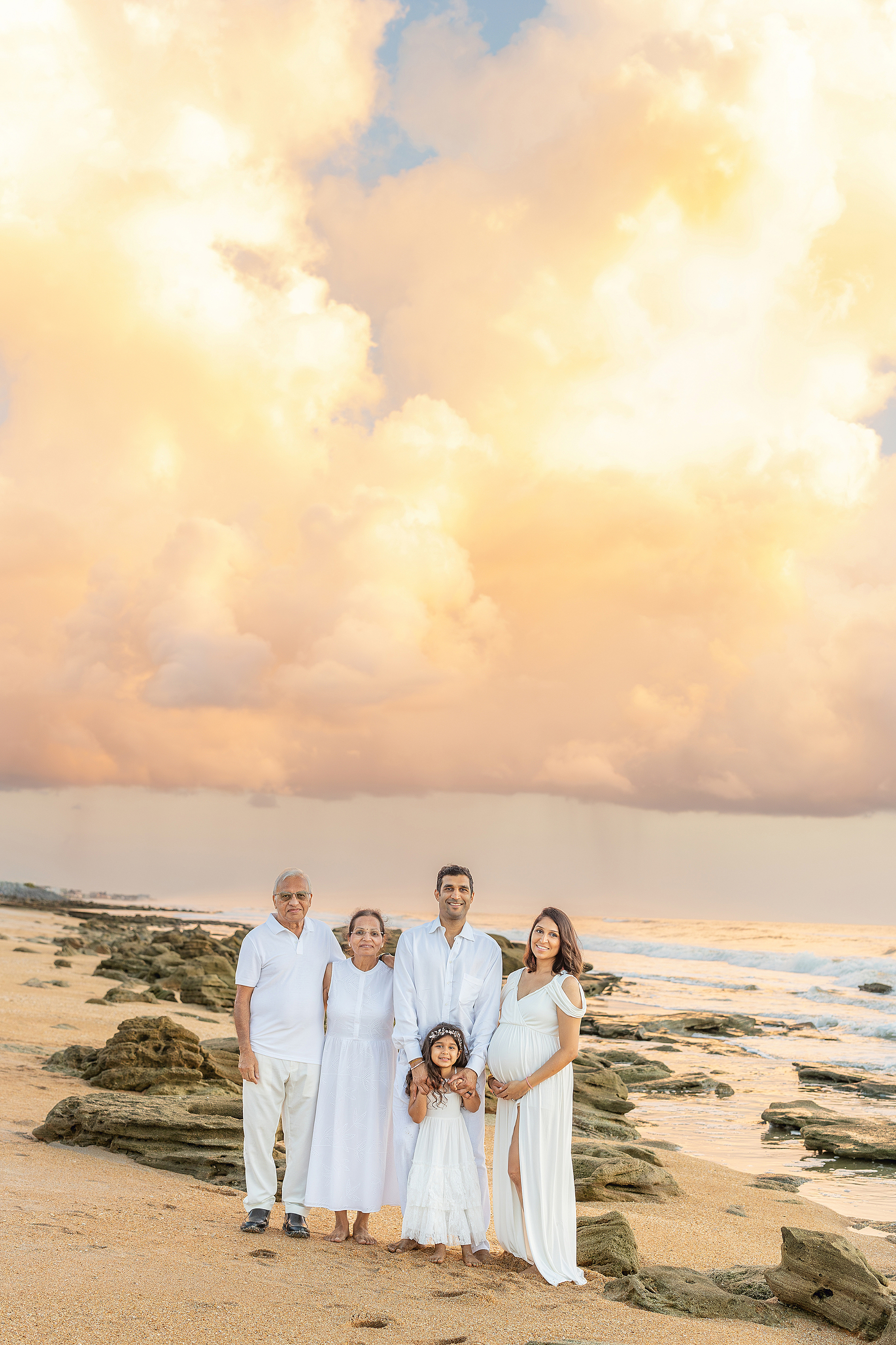 A sunrise family portrait with grandma and grandpa.