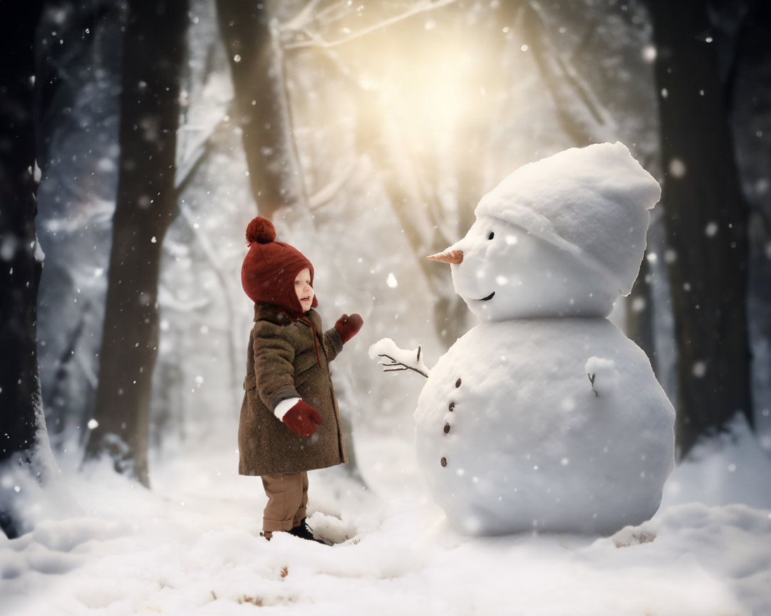 magical snowman with boy