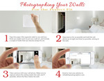Instructional guide from The PAWtographers&rsquo; Perfect Fit Program showing step-by-step directions with photos for how to measure and photograph a wall for artwork previews.