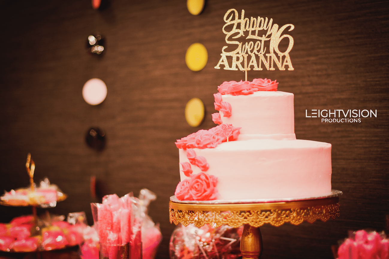 A festive cake adorned with Happy Sweet 16 Arinaanna, celebrating a special milestone with joyful decorations.