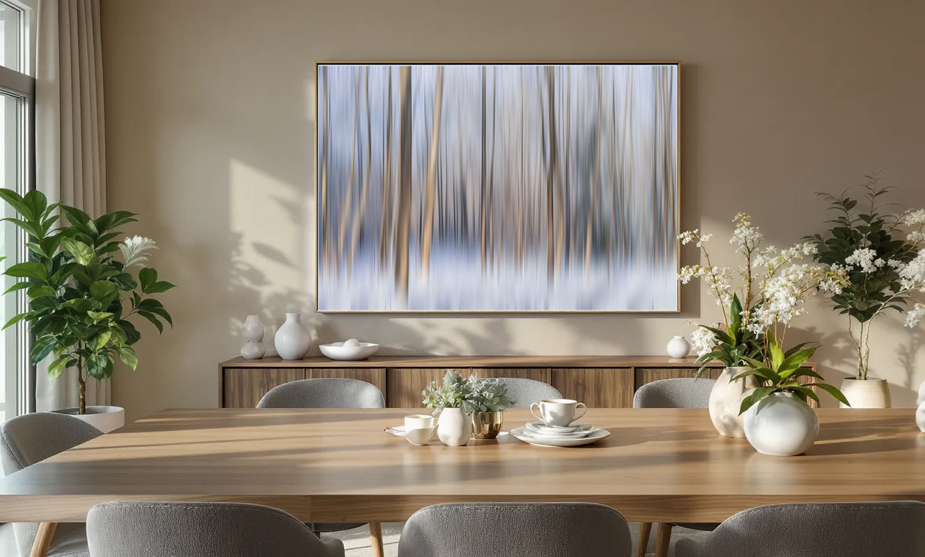 Sylvan abstract forest artwork by Andrea Bruns displayed above a dining table in a contemporary interior.