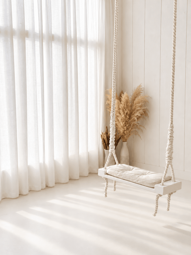 Ivory rope swing with a cushioned seat in the white studio