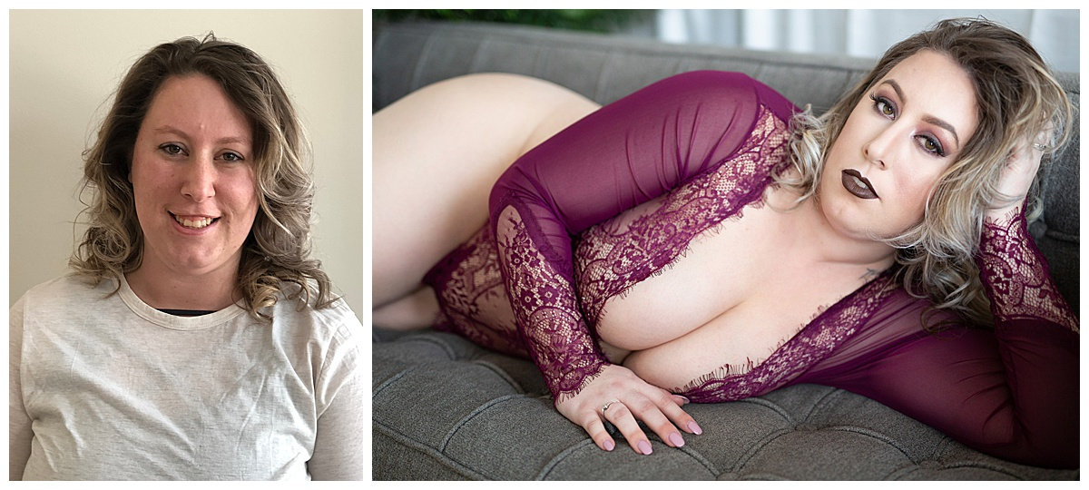 A split image: left shows a person smiling in a white shirt; right shows the same person reclining in a burgundy lace outfit.