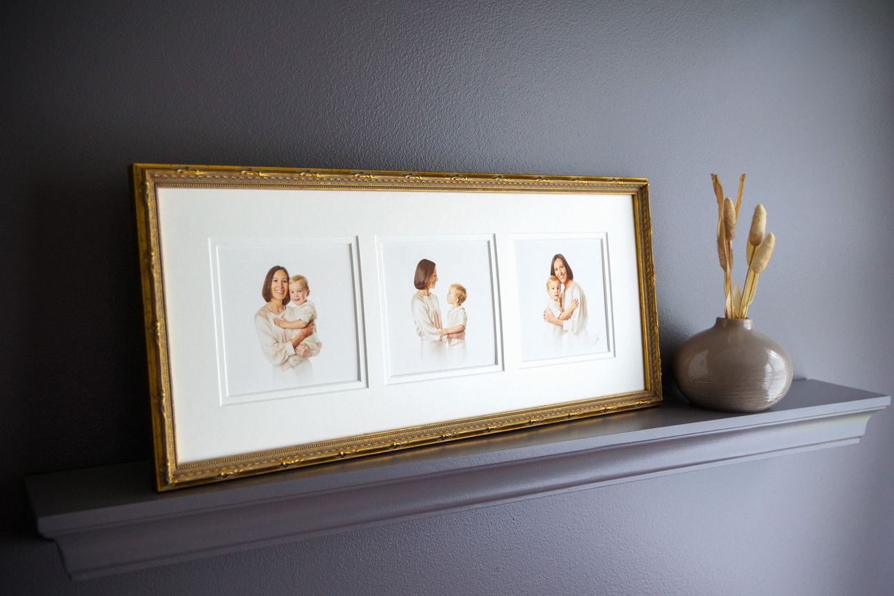 Fine art portrait of mother and child in a timeless composite layout, captured in soft studio light.