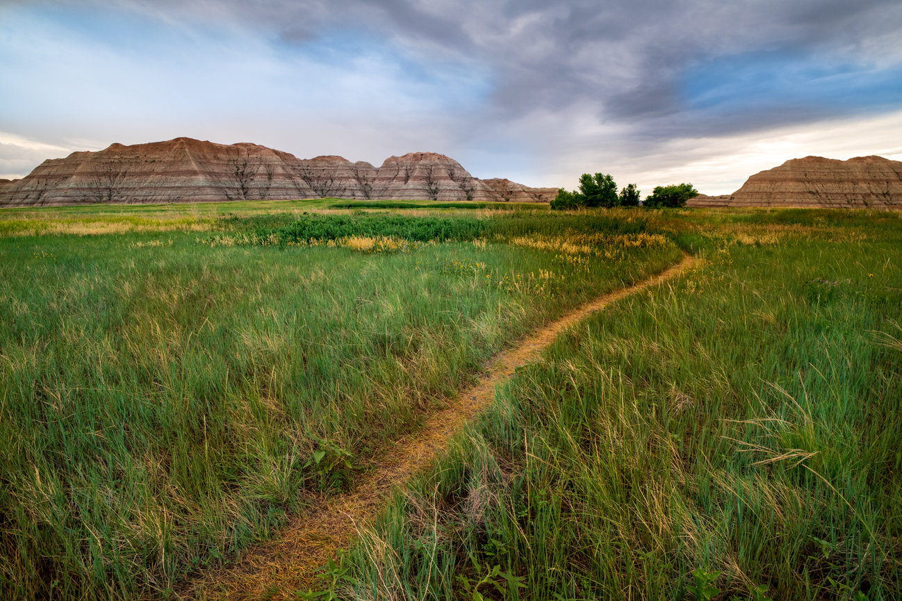 A narrow dirt path runs through a green meadow toward distant hills.