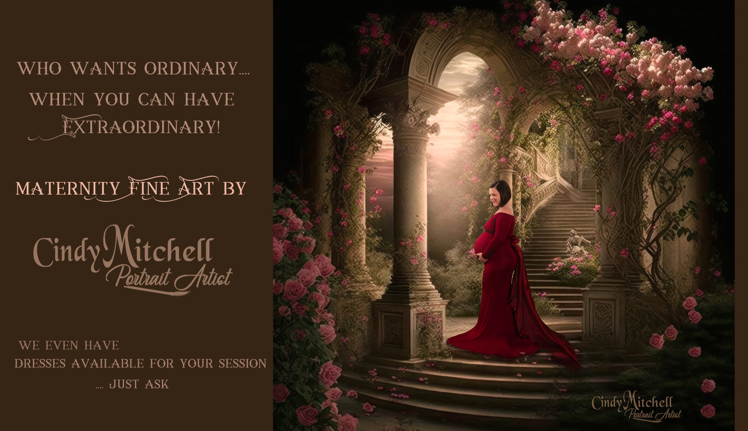 Maternity portrait of a pregnant woman in a red gown among floral arches, with promotional text on the left.