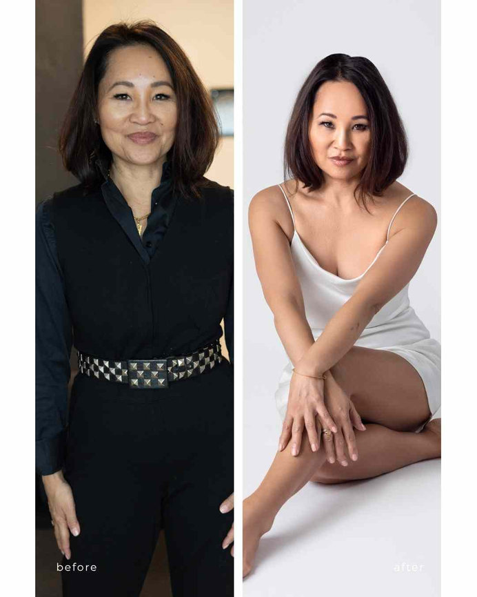 before and after photo of a 40+ woman in a white slip, Calgary boudoir studio