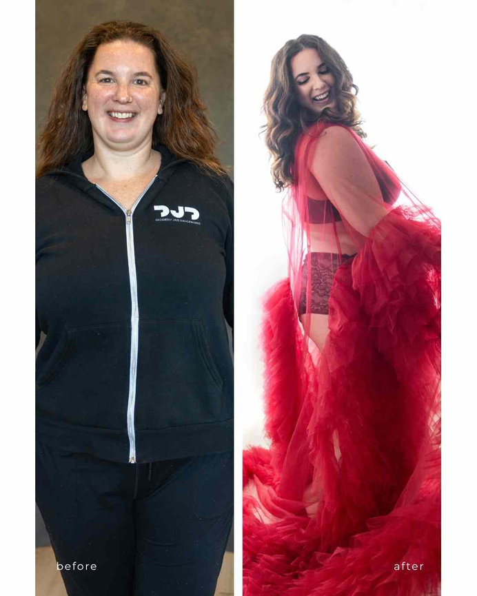 before and after photo of a laughing and dancing woman in red tulle robe, Calgary boudoir studio