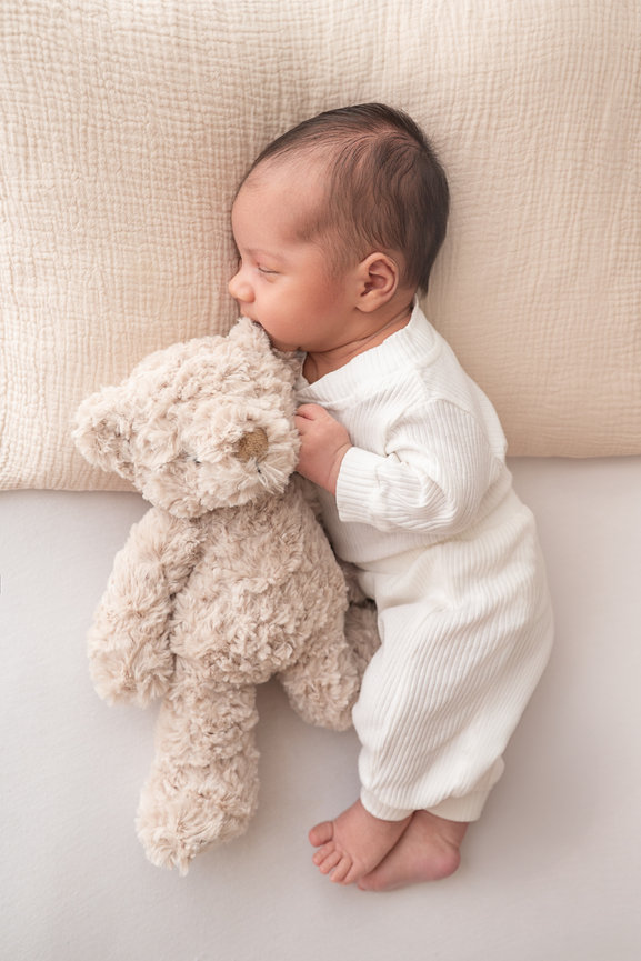 Baby on pillow while laying with neutral stuffed animal