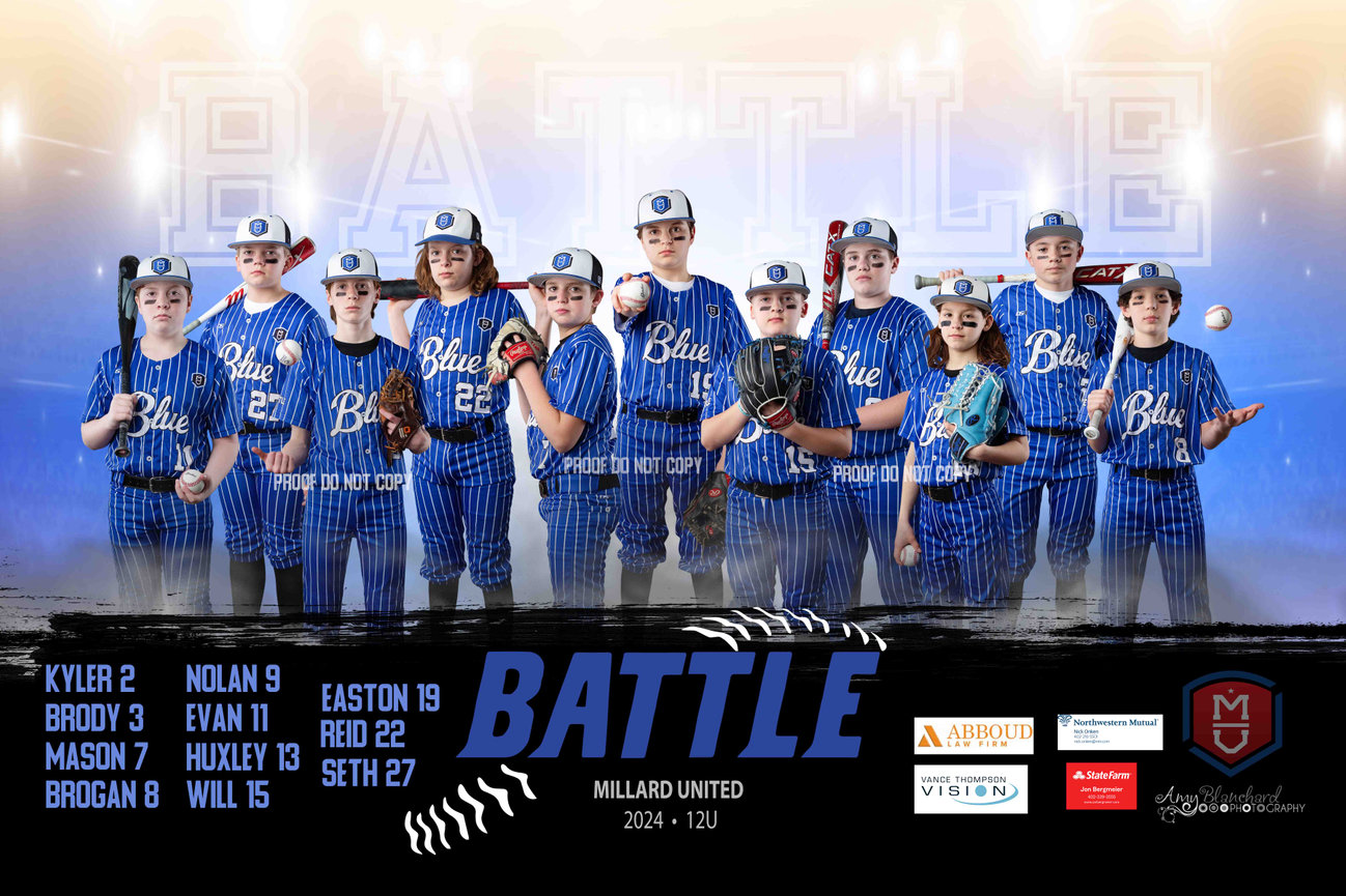Youth baseball team in blue uniforms posing with equipment. Text reads BATTLE Millard United 2024 - 12U.