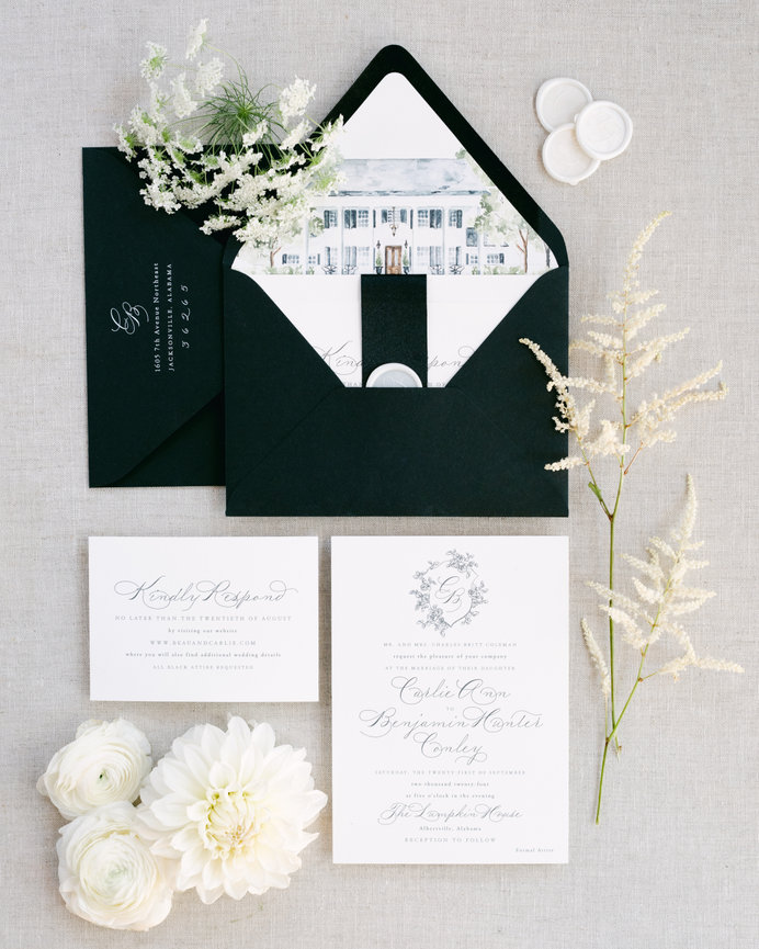 Custom black and white wedding invitations with monogram and illustration. Wedding photography by Heather Durham.
