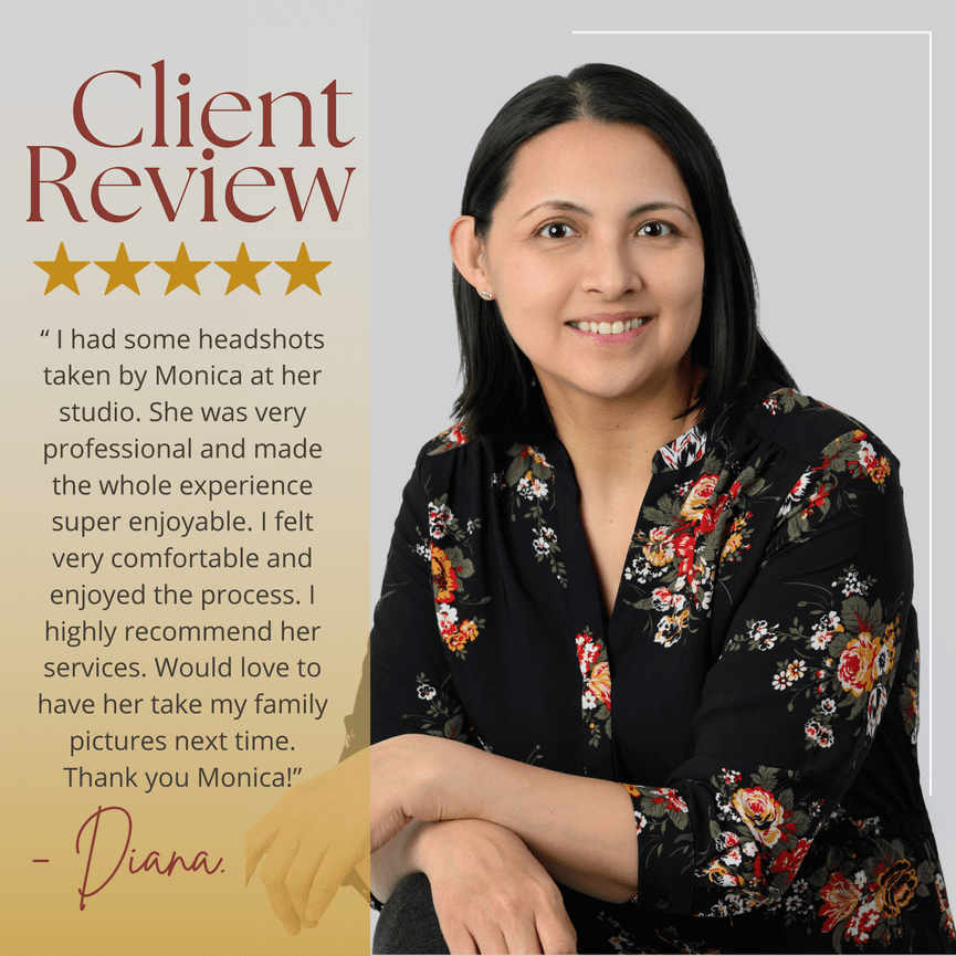 A woman in a floral top sits with folded arms, next to a client review praising a photographer named Monica.