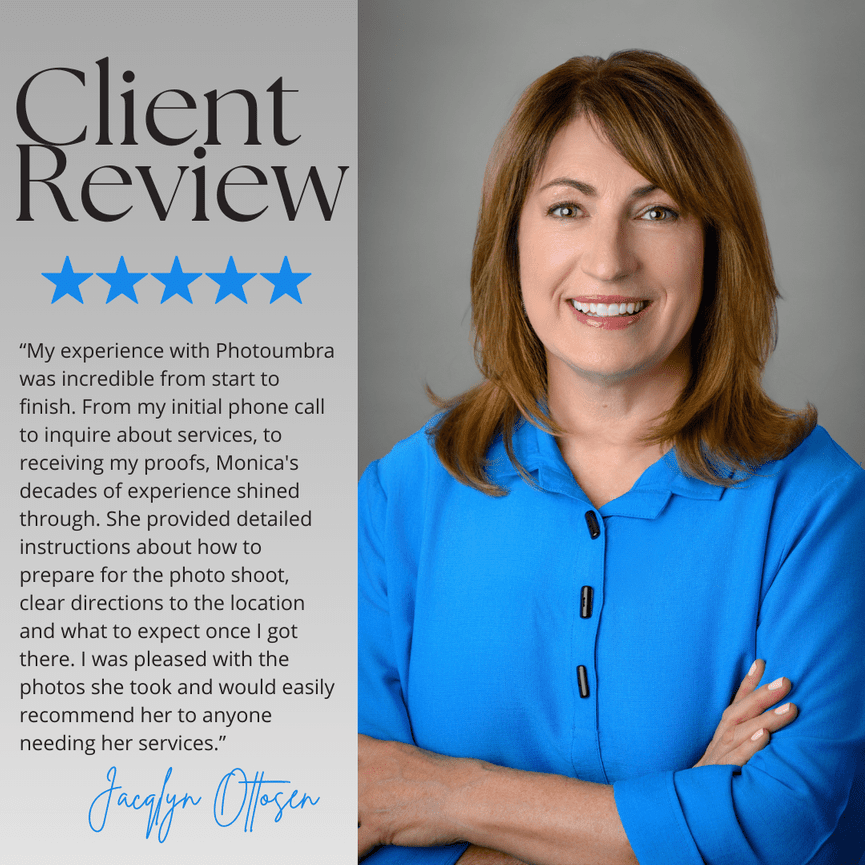 A woman in a blue top smiles with crossed arms beside a client review and five-star rating.