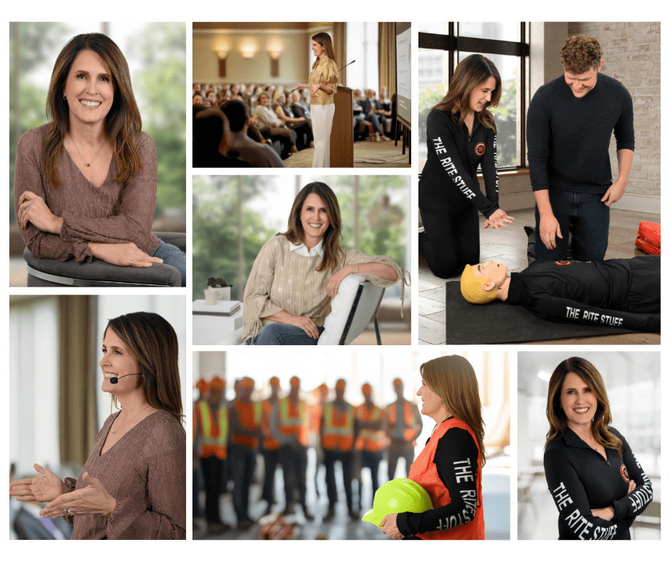 Collage of a woman speaking at events, teaching CPR, and interacting with professionals in various settings.